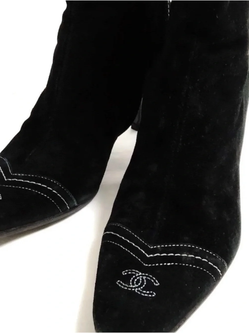 CHANEL CC Logo Black Suede Pointed Toe Stiletto Ankle Boots IT37
